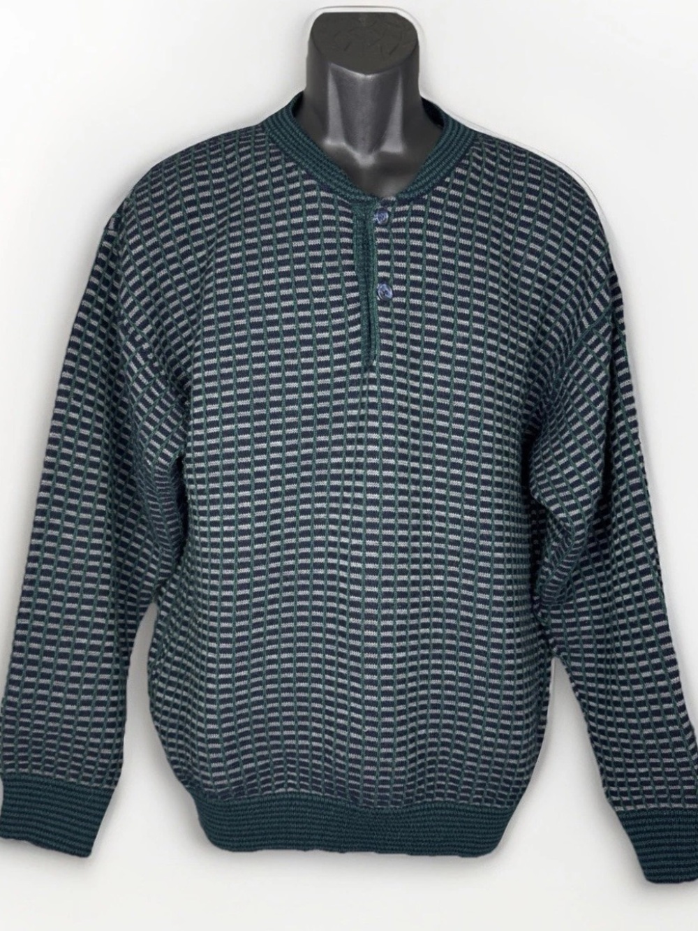 VTG Jantzen Classics Knit Button Henley Sweater MenM Green Geometric 90s Grandpa